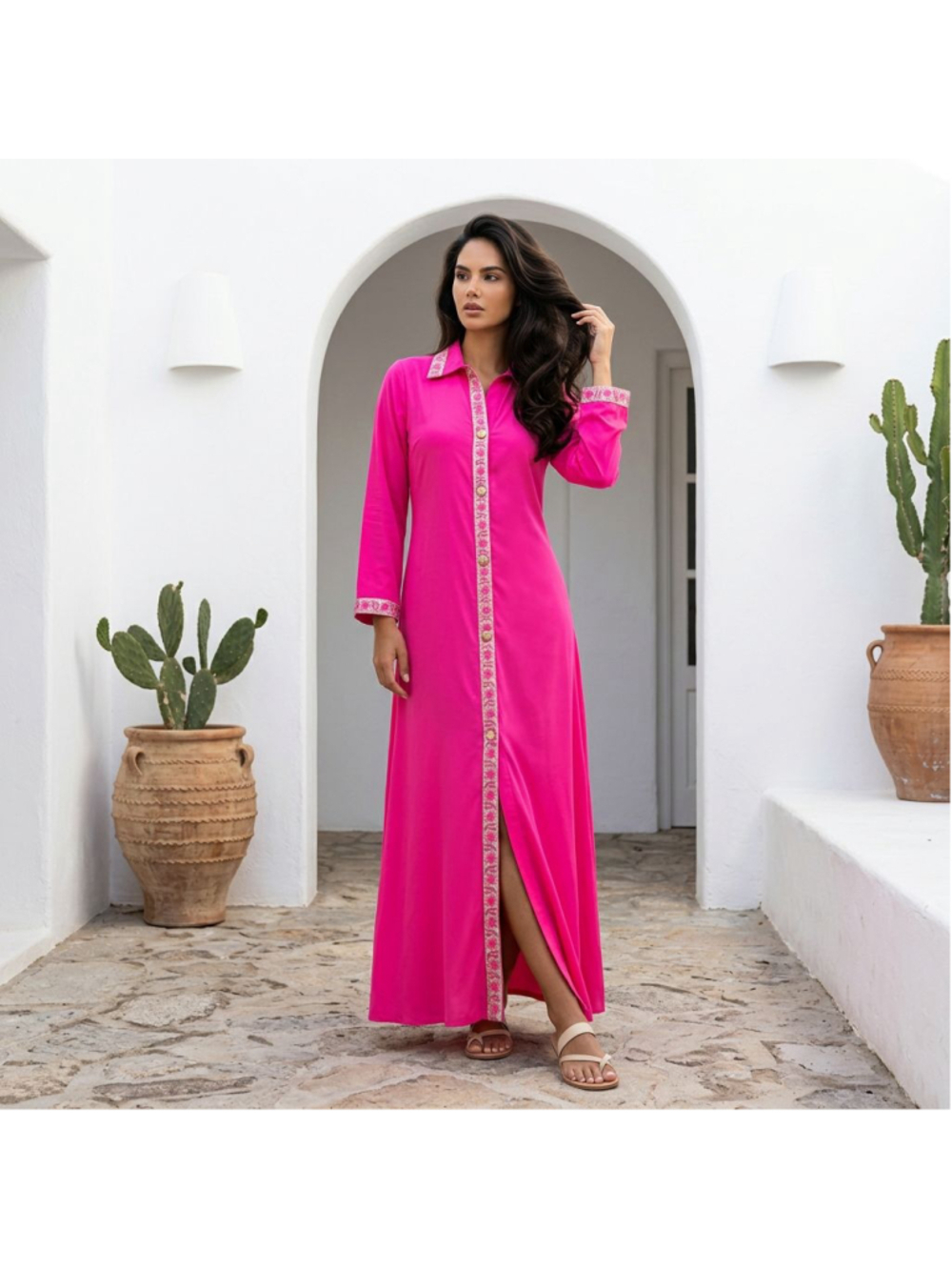 Rare Vintage MCM Lorraine Hot Pink Long Robe Dress Metallic Trim M Coquette SET